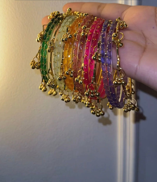 12 Colour Bangles Set With 7 Golden Ghungroo Bangles