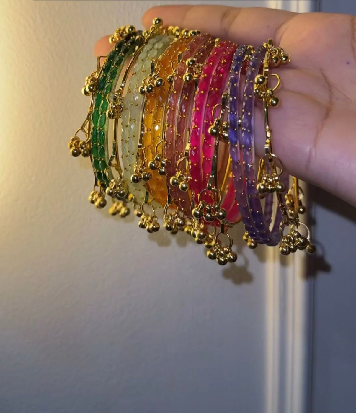 12 Colour Bangles Set With 7 Golden Ghungroo Bangles