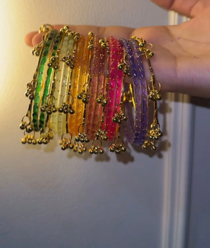12 Colour Bangles Set With 7 Golden Ghungroo Bangles