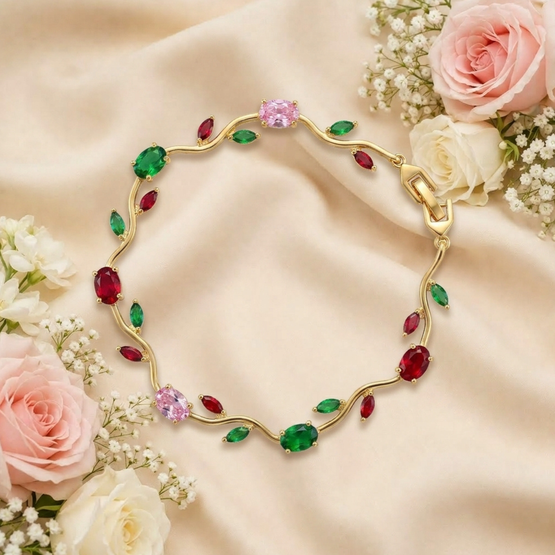 Red Green Pink Tulip Bracelet